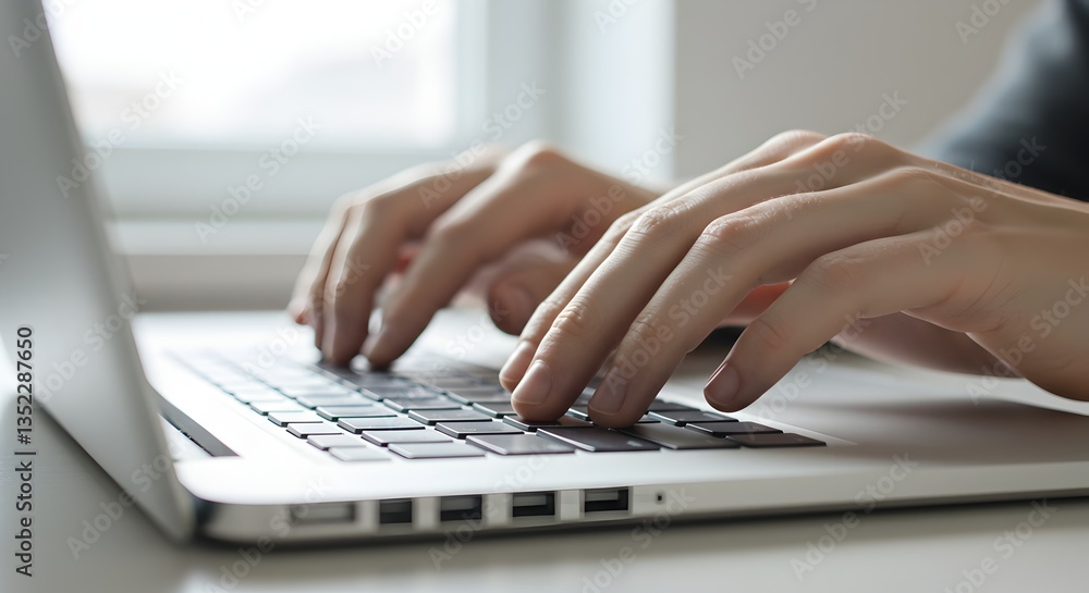 Close-up view of hands typing on a laptop keyboard for business tasks Close-up view of hands typing on a laptop keyboard for business tasks
