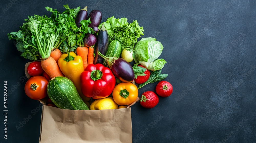Assortment of Healthy Foods in a Full Paper Bag, Featuring Fresh Vegetables, Fruits, and Natural Products, on a Dark Background. Assortment of Healthy Foods in a Full Paper Bag, Featuring Fresh Vegetables, Fruits, and Natural Products, on a Dark Background.
