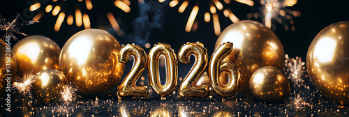 Gold New Years 2026 celebration balloons and fireworks banner illustration.