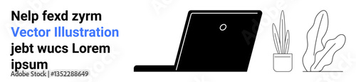 Black laptop with sleek design and two potted plants creating a clean workspace aesthetic. Ideal for productivity, technology, minimalism, modern design, creativity, home office, simple landing page