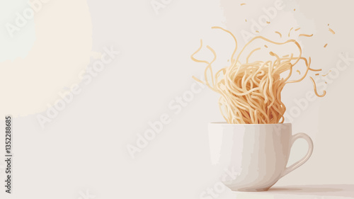 Close-up studio shot of a white ceramic cup containing a quantity of light-colored, thin noodles. The noodles appear to be in motion, splayed upward and outward from the cup.  The background is a
