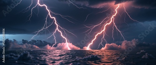 Naklejka Vivid lightning forks splitting a textured dark cloudscape