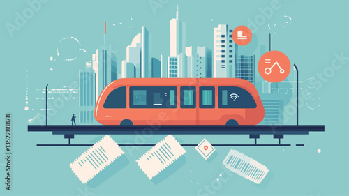 A vector illustration depicting an orange city bus on a track, set against a stylized cityscape backdrop.  The style is flat design with clean lines and minimal detail.  The bus is the central