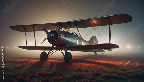 A vintage biplane aircraft sits on a field in the fog