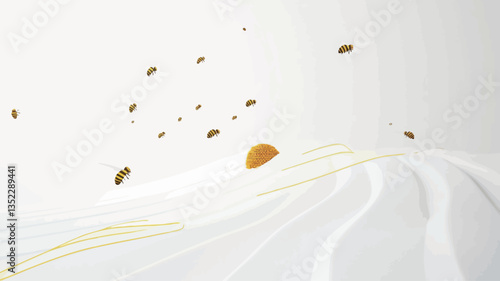 The image features a predominantly white background with scattered small, golden particles.  These particles appear to be in motion, creating a sense of flow.  There are also subtle, golden swirls