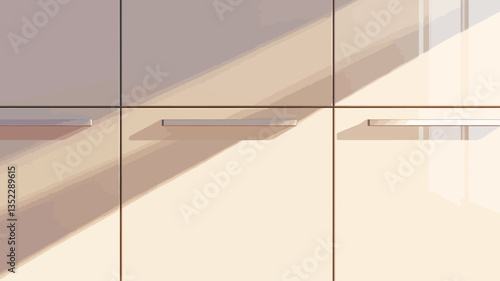 The image shows a section of a minimalist interior wall composed of large, light beige square tiles.  A diagonal line of sunlight casts shadows across the tiles, creating a strong contrast between