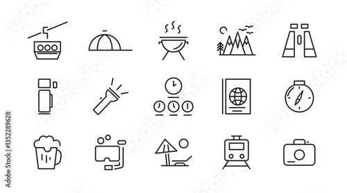 Travel line icon set. Tourism, map pin, summer, destination, trip, toure, directions, distance, place, ticket, beach, summer, navigation line icon set. Ui thin line icon pack