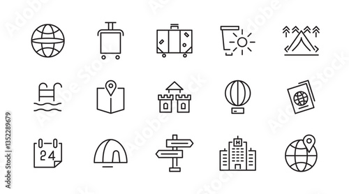 Travel line icon set. Tourism, map pin, summer, destination, trip, toure, directions, distance, place, ticket, beach, summer, navigation line icon set. Ui thin line icon pack
