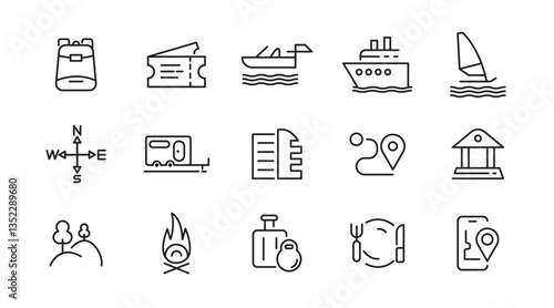 Travel line icon set. Tourism, map pin, summer, destination, trip, toure, directions, distance, place, ticket, beach, summer, navigation line icon set. Ui thin line icon pack