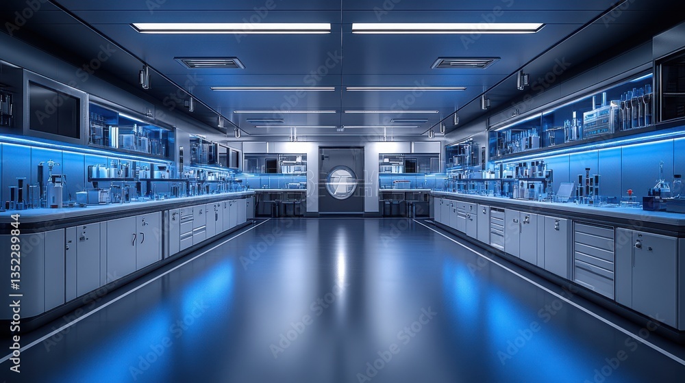 Fototapeta premium Futuristic lab bathed in blue light. Shiny floor reflects work stations