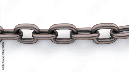 The image shows a close-up view of a section of a metal chain against a white background.  The chain consists of numerous interconnected oval-shaped links. The metal appears to have a slightly