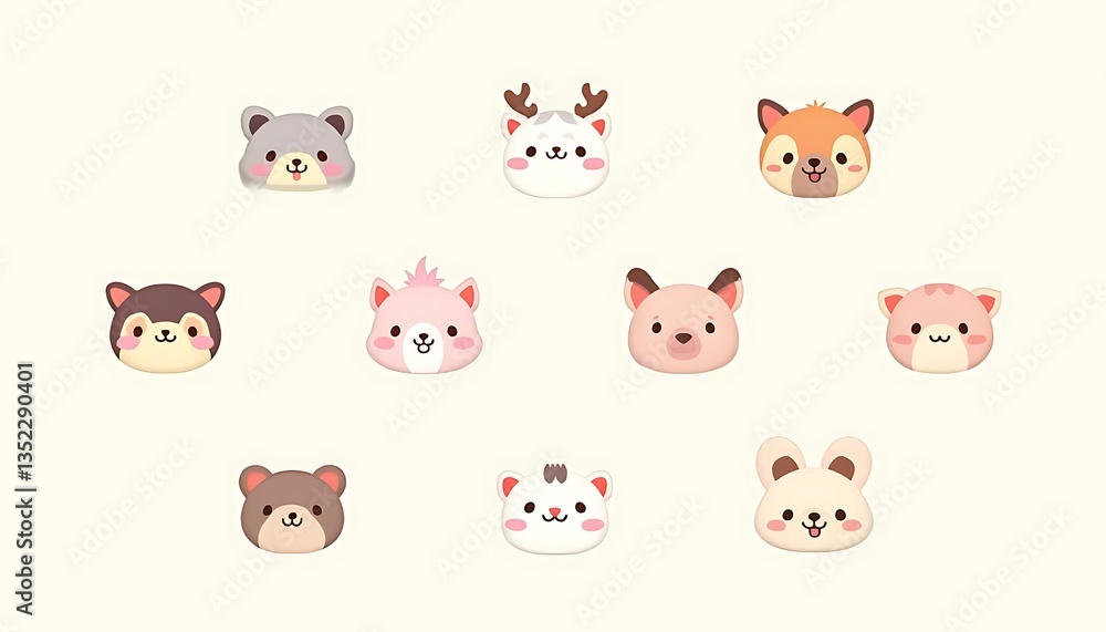 Fototapeta premium Cute Cartoon Animal Faces Illustration in Pastel Colors for Children