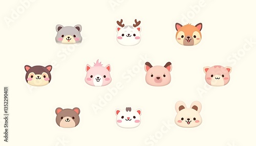 Cute Cartoon Animal Faces Illustration in Pastel Colors for Children