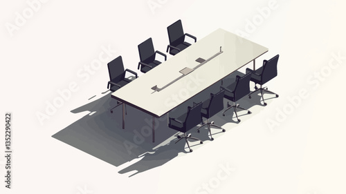 Isometric 3D rendering of a modern conference room. The scene features a long, rectangular conference table with a light beige top and dark grey legs. Eight black office chairs are arranged around