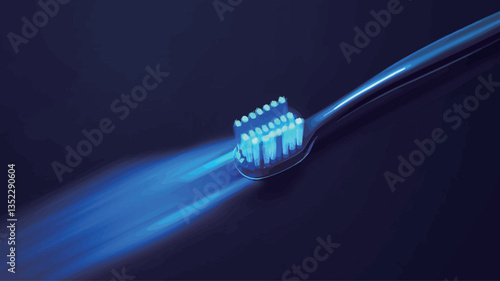 Close-up studio shot of an electric toothbrush with blue glowing bristles against a dark blue background. The image is sharply focused on the toothbrush head, with a dramatic lighting effect