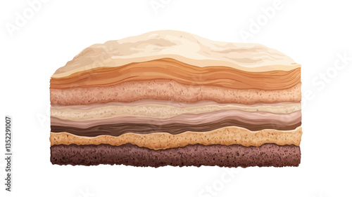 Digital illustration depicting a cross-section of a layered material.  The image shows multiple horizontal layers of varying colors and textures, primarily shades of brown, beige, and orange.  The