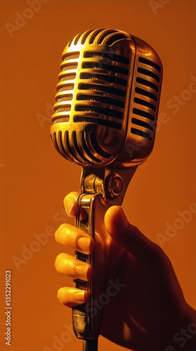 Vintage Microphone Held in Hand on Stage Illuminated by Warm Light