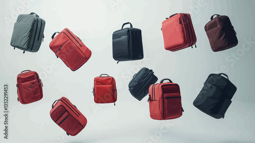 The image shows a collection of various backpacks and bags in different shades of red and black, floating against a plain white background. The bags are displayed in an overhead, studio shot style.