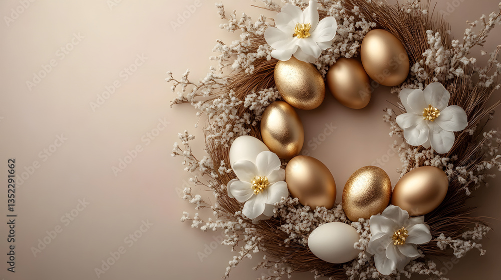 Elegant Wreath With Golden Easter Eggs and White Flowers Elegant Wreath With Golden Easter Eggs and White Flowers
