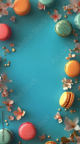 Colorful Macarons Arranged Artistically on a Blue Surface for Dessert Lovers ...