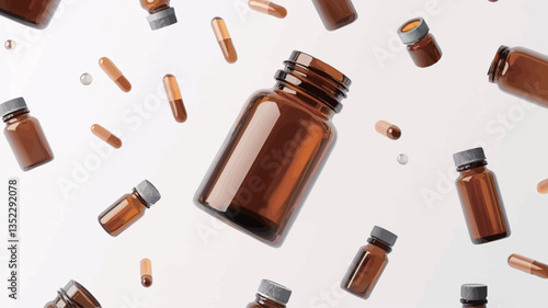 The image shows multiple amber glass bottles and capsules falling or floating against a plain white background. The bottles are cylindrical with silver caps. The capsules are oblong and appear to