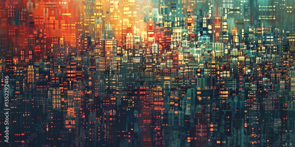Futuristic cityscape with glowing lights and skyscrapers. Digital city design concept. Digital artwork of vibrant color of city life or skyscraper from geometric shape with dark background. AIG51. Futuristic cityscape with glowing lights and skyscrapers. Digital city design concept. Digital artwork of vibrant color of city life or skyscraper from geometric shape with dark background. AIG51.