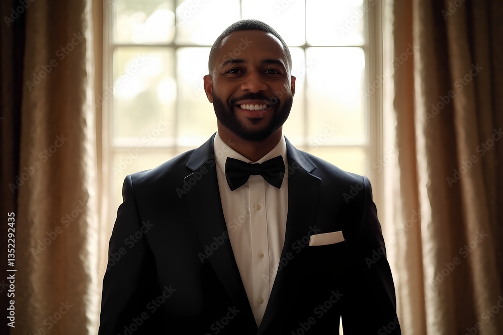 Fototapeta premium Black groom front view smiling, confident and joyful wedding portrait