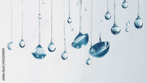 A close-up shot of numerous water droplets in various stages of falling and hanging.  The droplets exhibit varying sizes and shapes, some appearing spherical while others are slightly elongated.