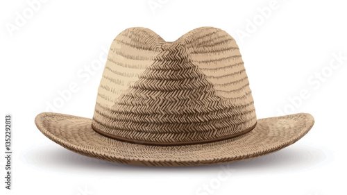 A front view studio shot of a light brown straw cowboy hat. The hat has a wide brim and a slightly pinched crown. The straw is woven in a pattern creating subtle variations in shade. The hat casts