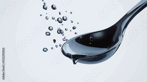 Close-up shot of a metallic spoon partially filled with a clear liquid.  Numerous water droplets are depicted detaching from the liquid and falling from the spoon against a bright, off-white
