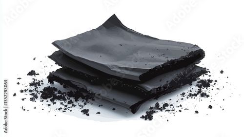 Close-up shot of three dark gray to black fabric scraps stacked on a white background. The scraps appear worn, with some edges frayed and crumbled.  Small pieces of the fabric are scattered around