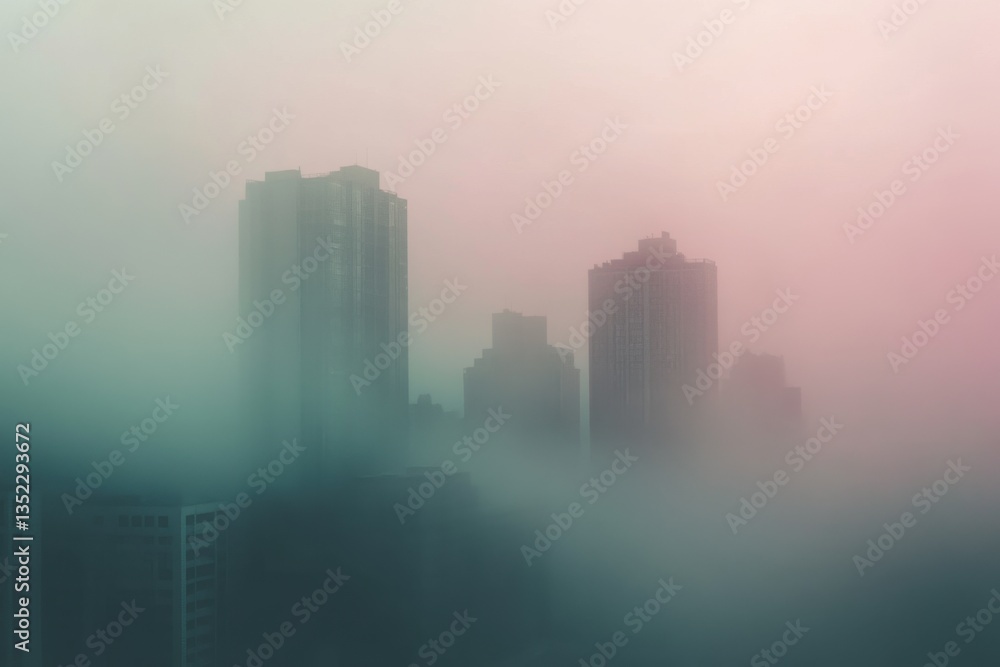 Cityscape in heavy fog and muted colors with negative space on right Cityscape in heavy fog and muted colors with negative space on right