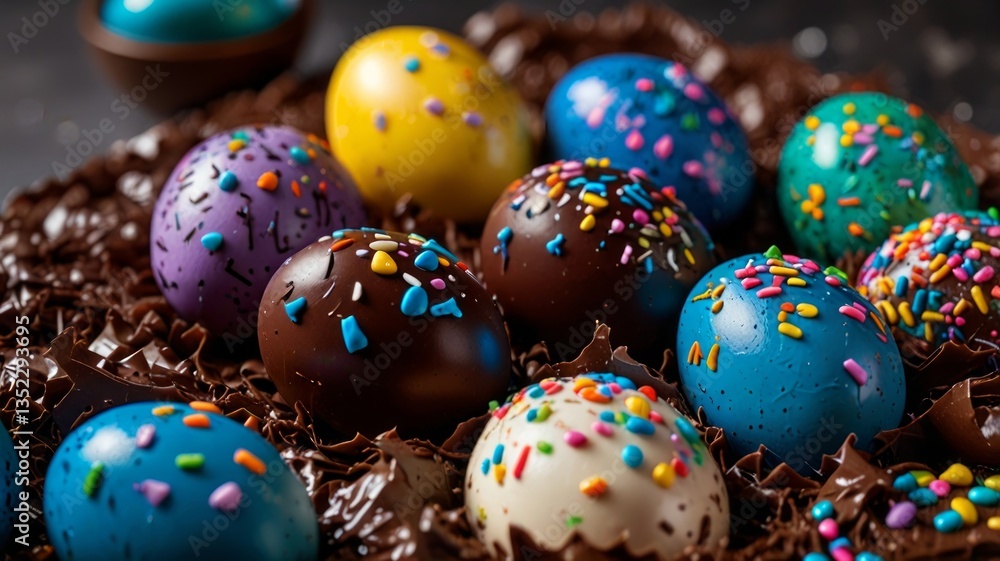 Fototapeta premium Cracked chocolate Easter eggs with cream 
