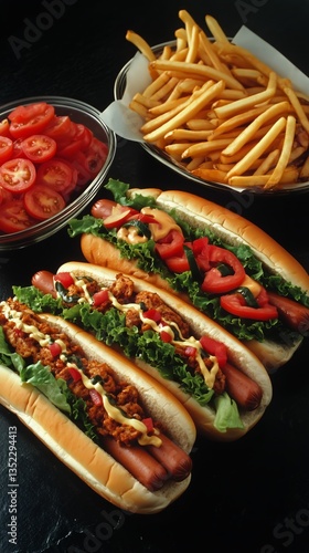 Delicious Hot Dogs Served With Crispy Fries and Fresh Tomatoes on a Black Bac...