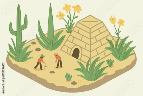 13 Miniature desert landscape, tiny figurines exploring, sand dunes, small pyramid structure, succulents and cacti, yellow flowers, tilt-shift photography, macro lens, selective focus, vibrant colors,