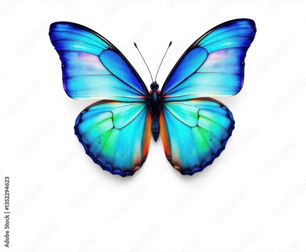 Fototapeta premium Vibrant blue butterfly with colorful wings on pure white background, blue, spring