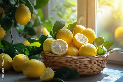 Fresh Lemons in a Woven Basket With Green Leaves Near a Sunlit Window
