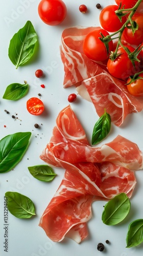 Fresh Ingredients Showcasing Cured Meat, Cherry Tomatoes, and Basil on a Whit...