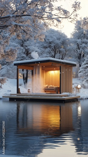 Cozy Cabin by the Lake in a Snowy Forest During Winter Twilight