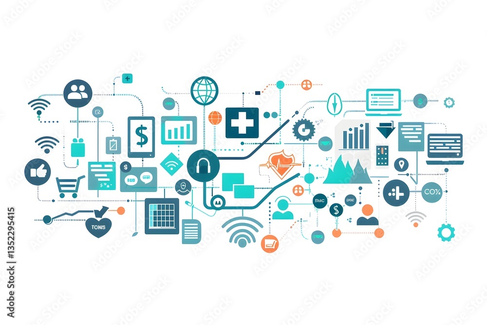 Data and Money Flow depicting Between Finance, Healthcare, and Retail Sectors : Modern Infographic illustrator Data and Money Flow depicting Between Finance, Healthcare, and Retail Sectors : Modern Infographic illustrator