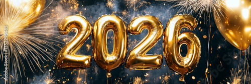 Gold New Years 2026 celebration balloons and fireworks banner illustration.