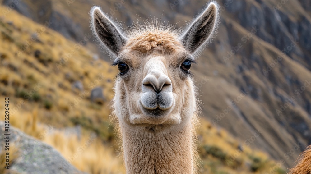 Obraz premium a llama looking at the camera in the Andes mountains of Peru