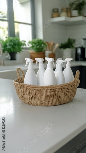 Cleaning Supplies Arranged in a Basket on a Kitchen Counter Beside Green Plants
