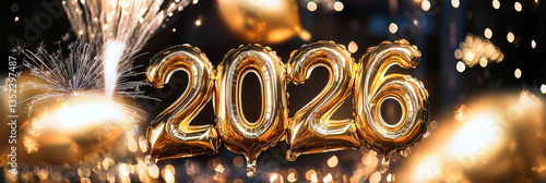Gold New Years 2026 celebration balloons and fireworks banner illustration.