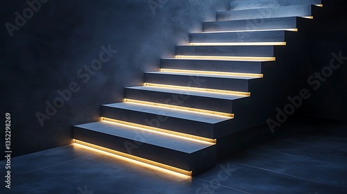 Modern illuminated staircase in dark room.