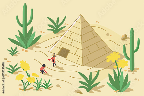 13 Miniature desert landscape, tiny figurines exploring, sand dunes, small pyramid structure, succulents and cacti, yellow flowers, tilt-shift photography, macro lens, selective focus, vibrant colors,