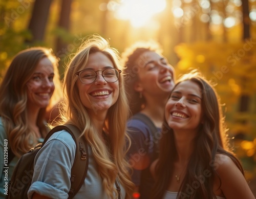 Four friends share laughter in a sunlit forest, surrounded by golden foliage, capturing the beauty of summer adventures and cherished memories Generative AI