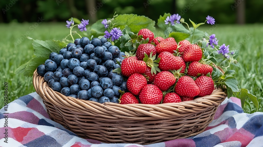 Wicker Basket Filled with Strawberries, Blueberries, and Wildflowers on a Checkered Blanket in a Sunny Park Wicker Basket Filled with Strawberries, Blueberries, and Wildflowers on a Checkered Blanket in a Sunny Park