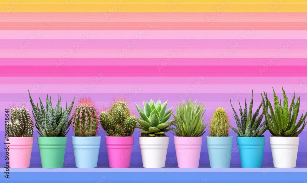 Vibrant Collection of Potted Succulents and Cacti Displayed Against a Colorful Striped Background Creating a Fresh and Lively Atmosphere Vibrant Collection of Potted Succulents and Cacti Displayed Against a Colorful Striped Background Creating a Fresh and Lively Atmosphere