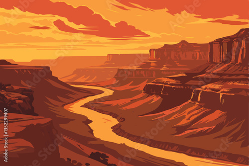 14 Breathtaking sunset over vast canyon landscape, dramatic orange and red sky, sun rays piercing through rock formations, layered sedimentary cliffs, winding river below, aerial perspective, vibrant 